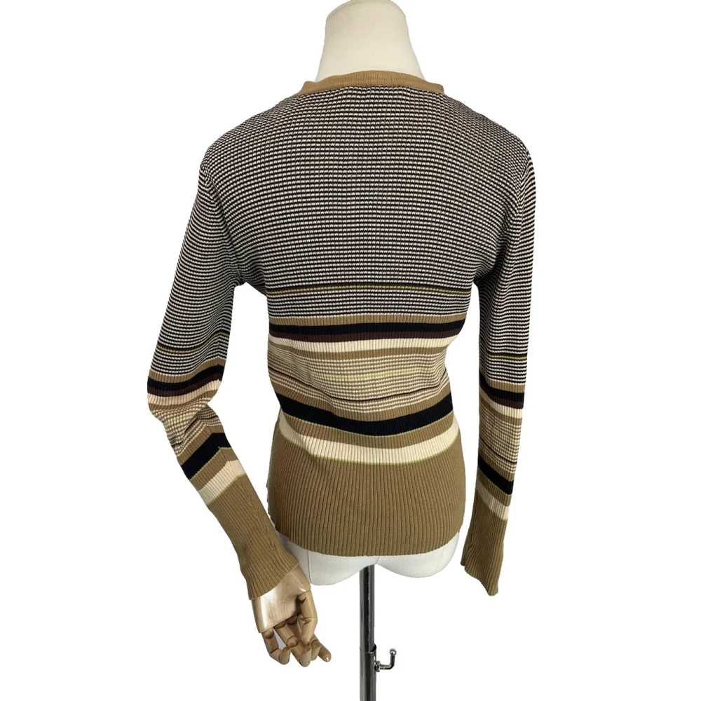 Y2k J. Crew Cardigan Sweater Medium Brown V‎ Neck Button Striped Office Siren